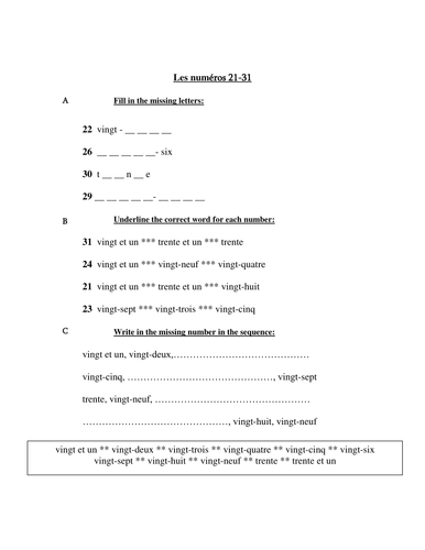 number worksheets french teaching resources