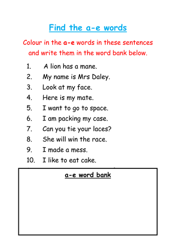 Find and colour the a-e words