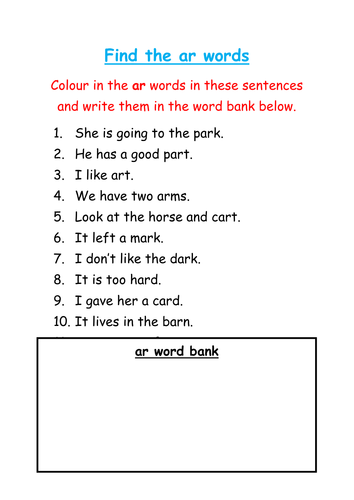 Find and colour the 'ar' words
