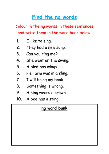 Find and colour the 'ng' words
