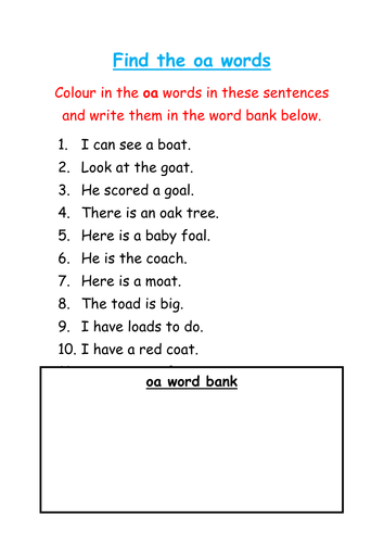 Find and colour the 'oa' words