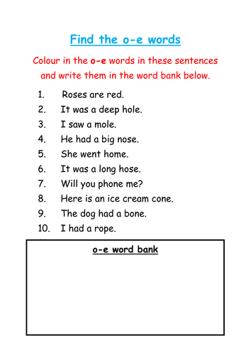 Find and colour the 'o-e' words