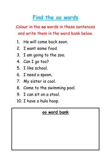 Find and colour the 'oo' words