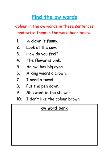 Find and colour the 'ow' words | Teaching Resources