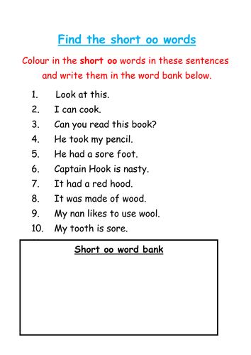 Find and colour the short 'oo' words