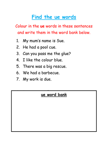 find and colour the ue words teaching resources