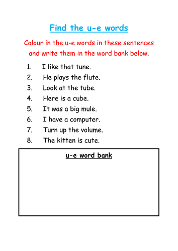 Find and colour the 'u-e' words