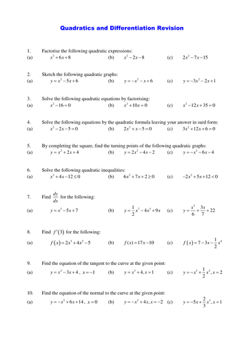 Quadratics and Differentiation Revision