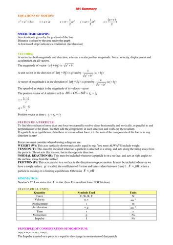 A level Maths Mechanics Summary Notes & Worksheet