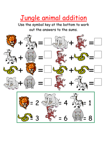 animal worksheets elementary Jungle addition symbol e by animals groov chik activity