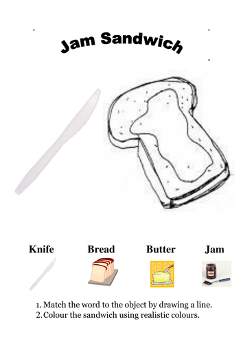 Colour and label a jam sandwich picture