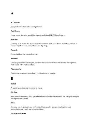 Music Genres, A dictionary