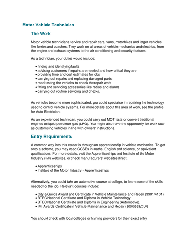 Motor Vehicle Technician case study