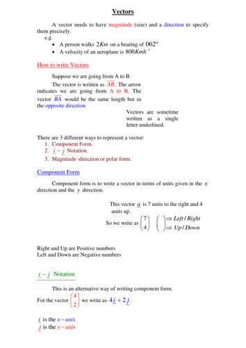 Vectors Definitons and Worked Examples