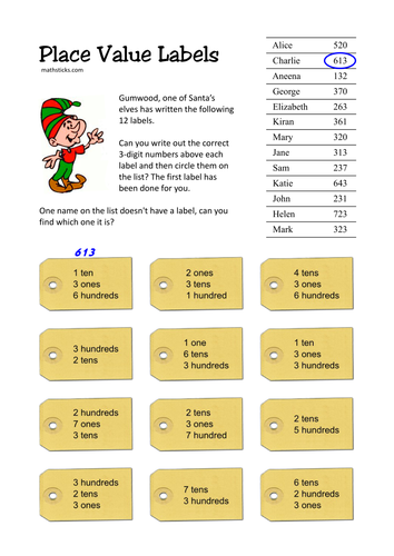 Place Value Sheets - Christmas Labels