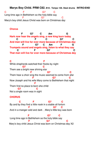 Chords. Lyrics ' Mary's boy child' by pwilloughby3 - Teaching Resources ...