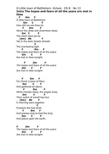 Chords. Lyrics. ' O little town of Bethlehem'