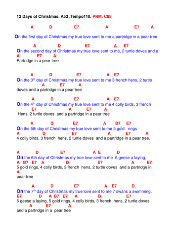 Chords Lyrics. ' Twelve days of Christmas '