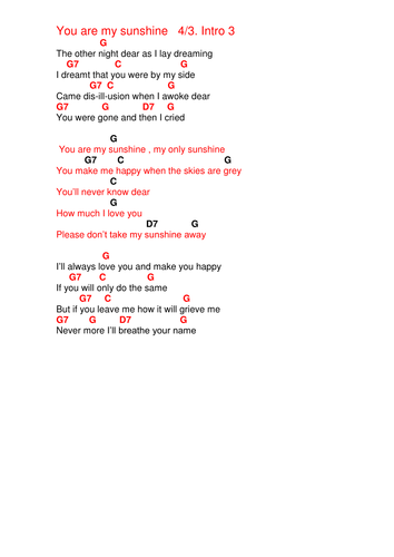 Chords Lyrics You Are My Sunshine Teaching Resources