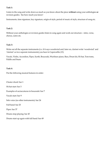 Music GCSE Edexcel Capercaillie carousel tasks