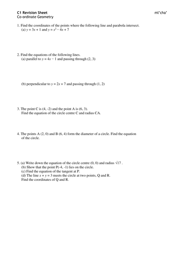 Extra C1 Coordinate Geometry Revision