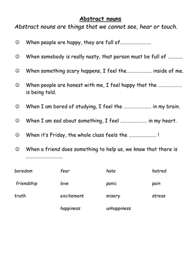 Abstract nouns worksheet for grade 3