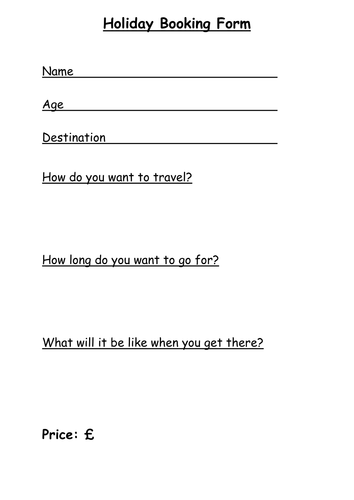 Holiday booking form -travel agents / space travel | Teaching Resources