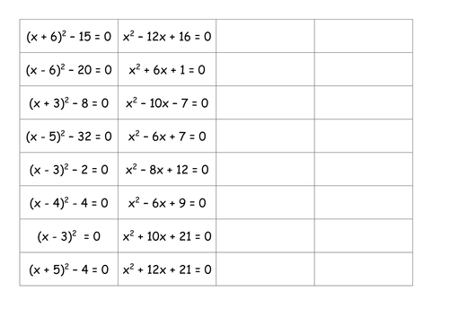 Matching Cards - Completing the Square