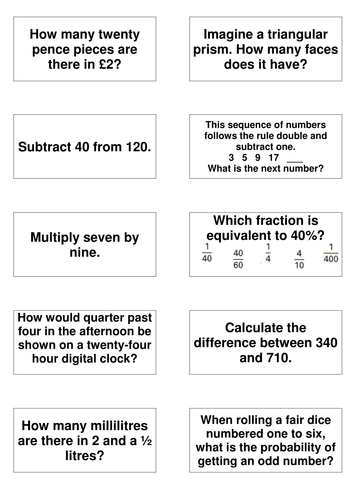 Matching Cards - KS3 SAT mathsmentaltestcards1999