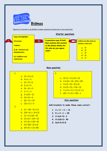 GCSE Maths: BIDMAS / BODMAS worksheet