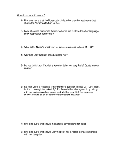 Romeo & Juliet: Act 1 Scene 3: Questions Worksheet