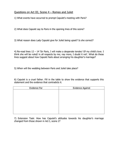 Romeo Juliet Act 3 Scene 4 Questions Worksheet Teaching Resources