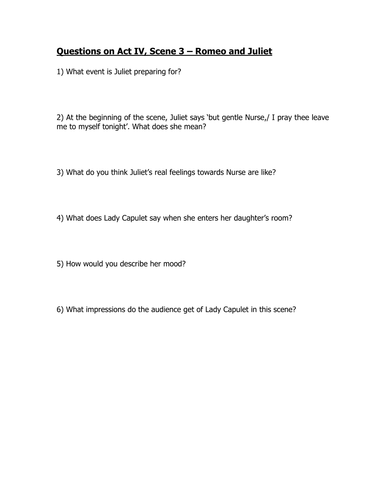 Romeo & Juliet: Worksheet Questions: Act 4 Scene 3