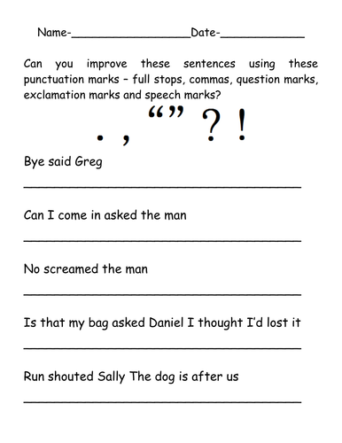 add speech marks to sentences worksheet