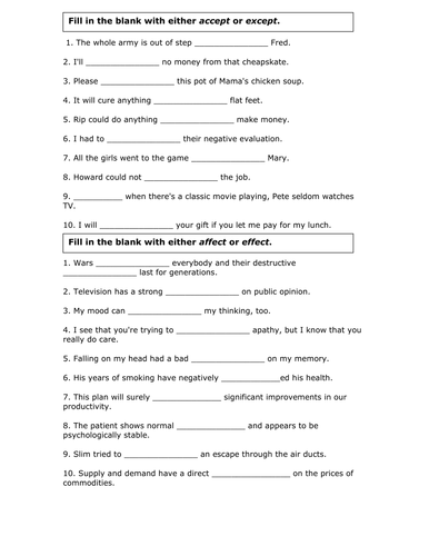 Affect / Effect worksheet + answers | Teaching Resources