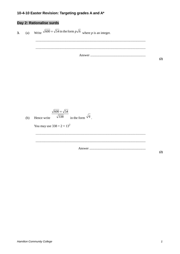 A & A* Revision - Surds