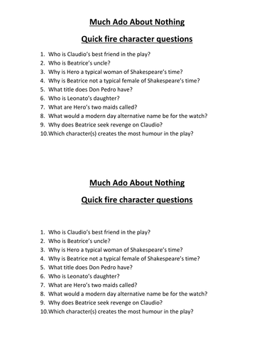 Much Ado About Nothing Character Plenary Questions