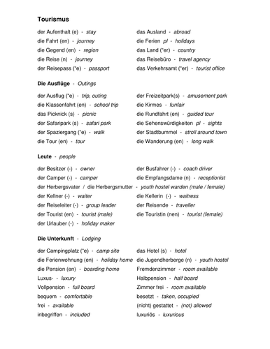 Tourismus Vokabeln