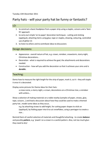 Making Christmas Party Hats lesson plan & ideas