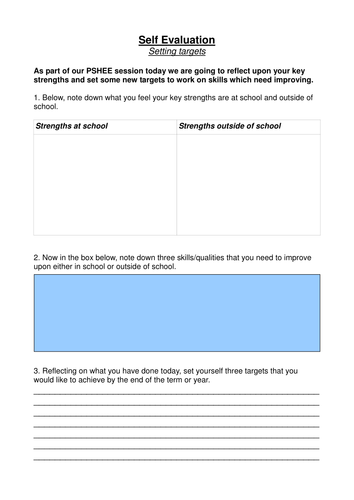 Target setting: self evaluation - PSHE task