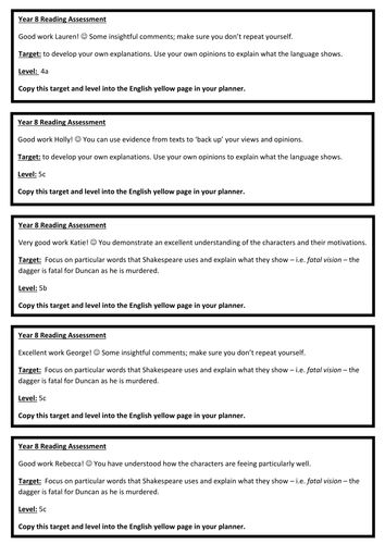 Reading assessment feedback sheets