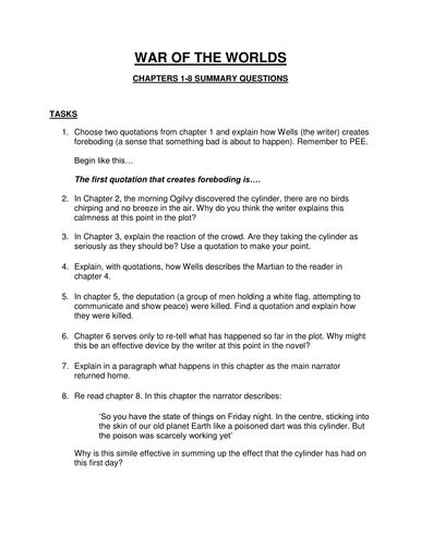 War of the Worlds: chapters 1-8 questions | Teaching Resources