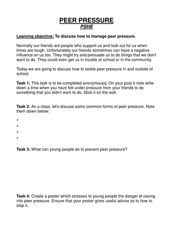 How to manage peer pressure: PSHE tasks
