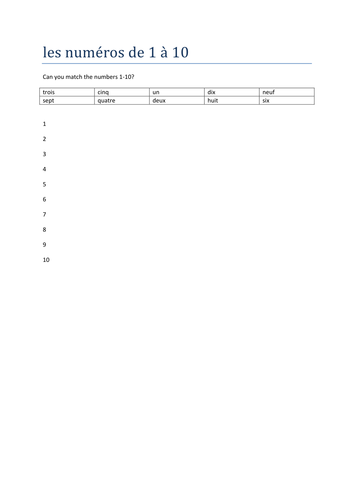 les numeros 1-10 match up