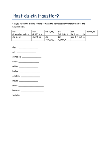 Hast du ein Haustier? missing letters