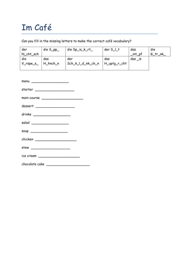 Im Cafe missing letters