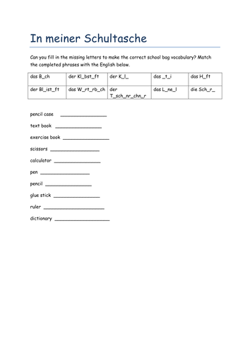 In meiner Schultasche missing letters