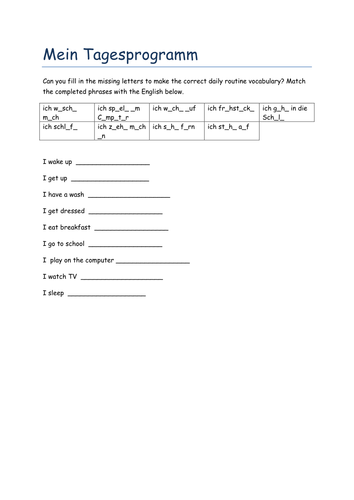 Mein Tagesprogramm missing letters