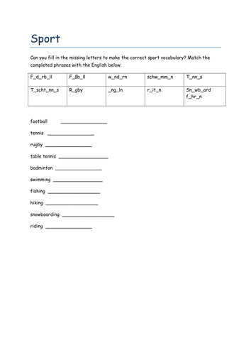 Sport missing letters