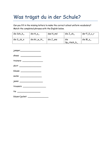 die Schuluniform missing letters